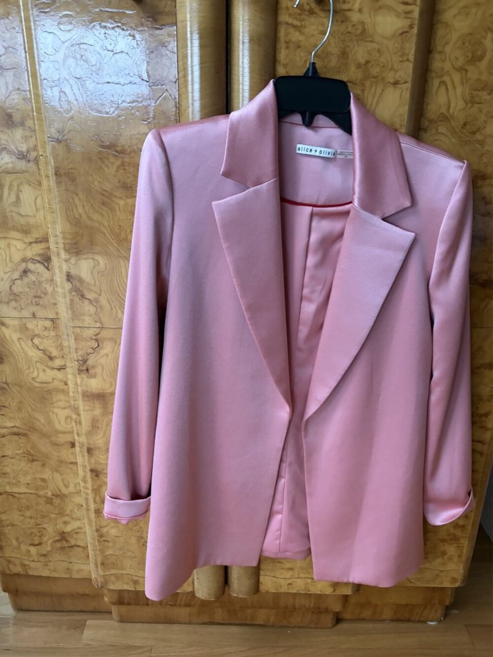 Alice + Olivia Pink Satin Longline Blazer Notch Lapel Open Front Size S